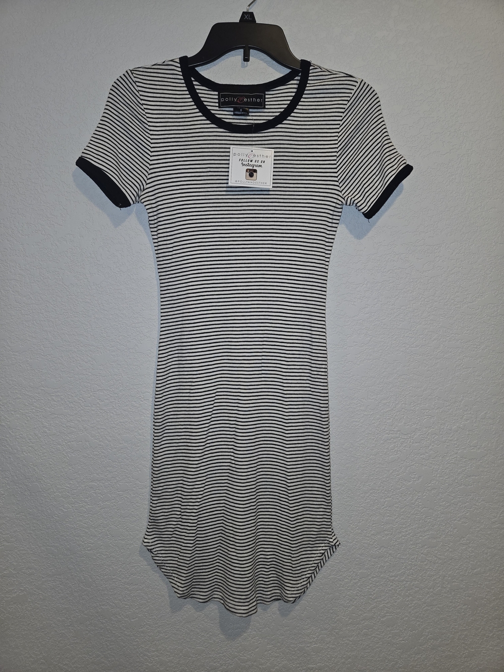 Polly & Esther Black White Striped Knit T-Shirt Dress, Short Sleeve, S Y2K
